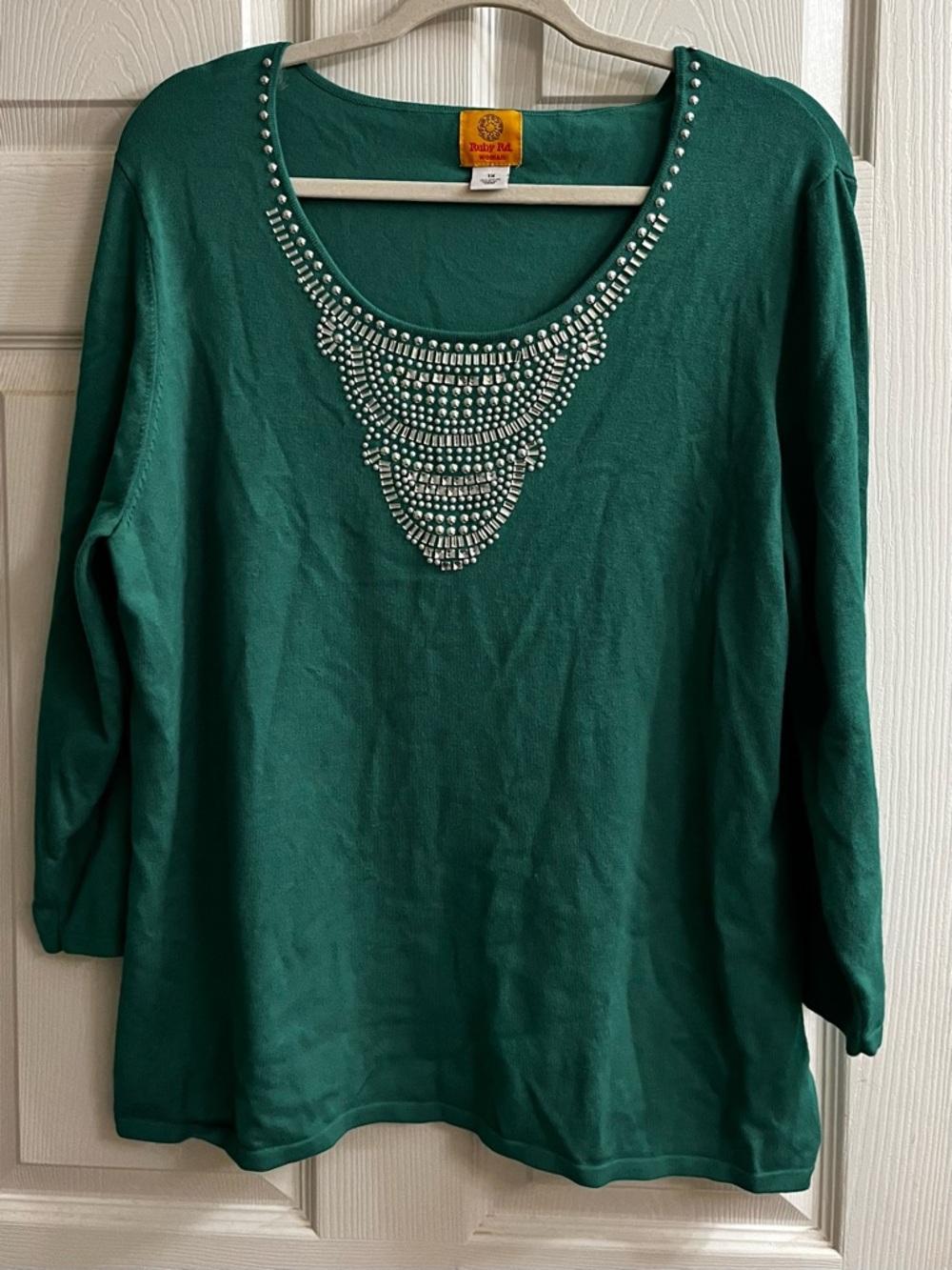 RUBY RD.~ EMERALD GREEN/SILVER~ EMBELLISHED SWEATER~ 1X